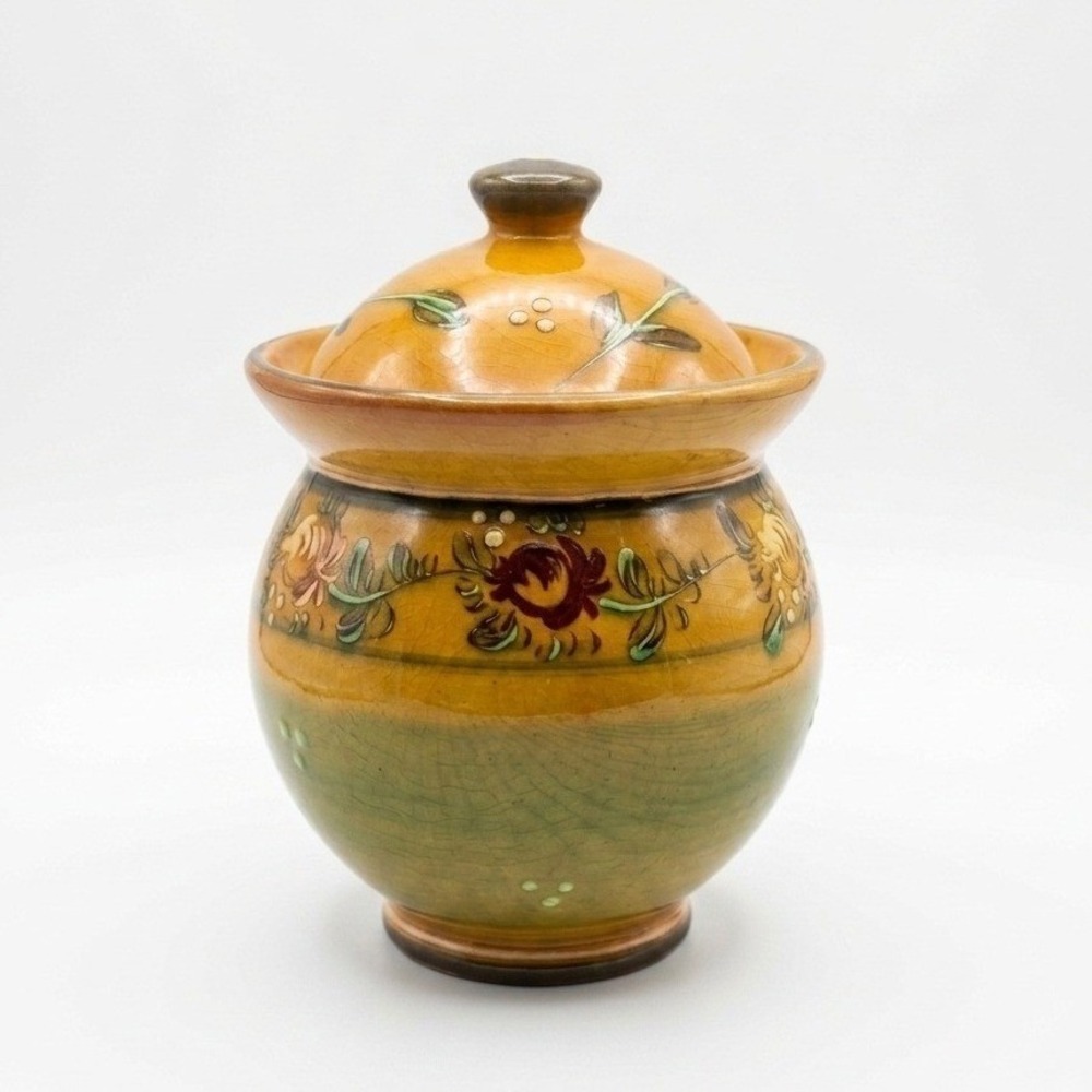 Veronique Pichon Uzes French Art Pottery Lidded Confit Jar Floral 7x5 Vintage